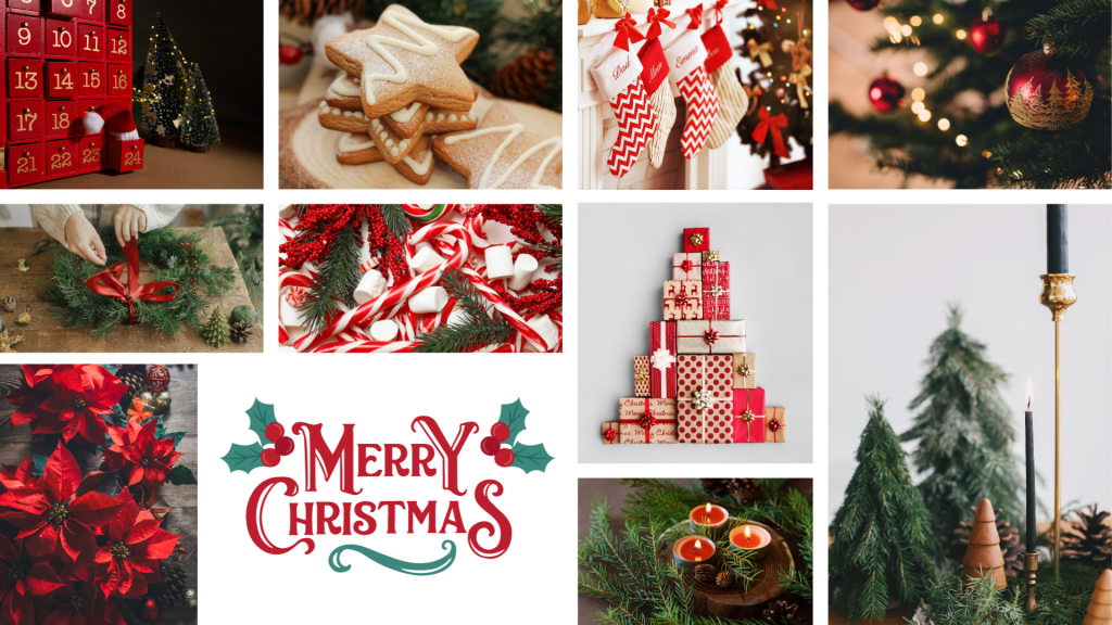 moodboard d'inspiration noël traditionnel rouge, vert et or